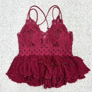 2bella Burgundy Lace Ruffle Peplum Top Size S